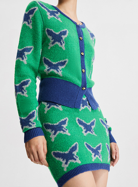 LEDIM WANG2023秋季新款蝴蝶撞色针织半裙女修身包臀绿色短款半裙