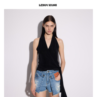 LEDIM WANG绑带醋酸针织飘带背心吊带女黑色收腰上衣26春夏新款