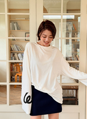 LEDIM WANG白标/毛圈印花T恤女长袖落肩直筒宽松薄款上衣25冬新款