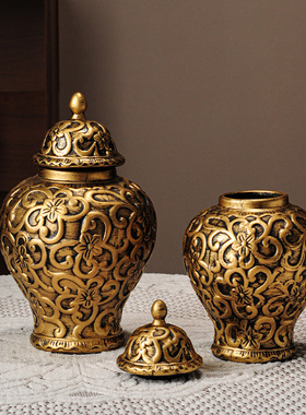 复古中古风金色陶瓷将军罐客厅玄关阳台装饰摆件鲜花干花插花