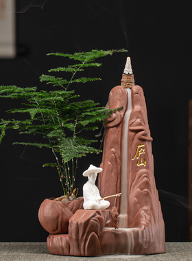 倒流香摆件紫砂高山流水禅意茶道家用檀香炉沉香熏香炉招财流香炉