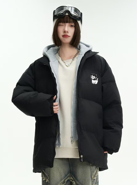 SNUN 潮牌纸袋猫图案假两件开衫连帽棉服开衫保暖冬季棉衣