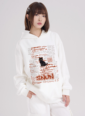 SNUN 潮牌黑猫满字印花无绳无袋连帽卫衣复古hiphop套头上衣外套