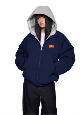 SNUN 潮牌火焰字母LOGO黑色冬季拉链棉服加厚保暖基础款棉衣外套