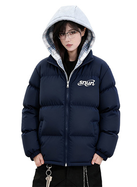 SNUN 美式书法字母保暖加厚开衫连帽假两件棉服棉衣拉链棉袄外套