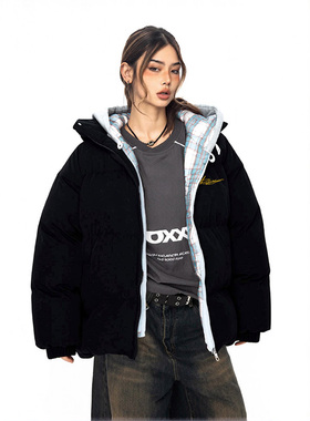 SNUN 美式A字母横签保暖格子假两件连帽棉服拉链开衫冬季棉衣外套