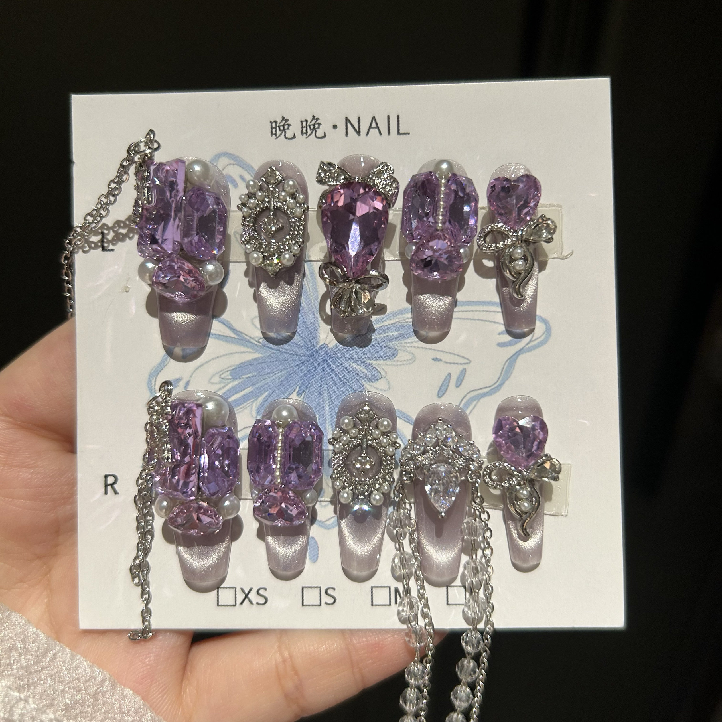 紫霞仙子 美甲纯手工穿戴甲法式猫眼美甲小公主奢华紫钻蝴蝶结
