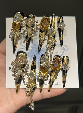 金色5.0 纯手工穿戴甲高级奢华美甲贴片超超长手工美甲