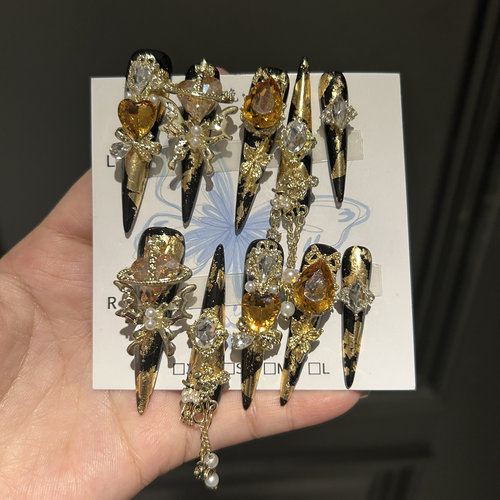 金色5.0 纯手工穿戴甲高级奢华美甲贴片超超长手工美甲