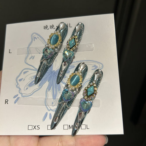晚晚手工穿戴甲高级感蓝色护甲钻美甲嬛嬛护甲娘娘护甲复古重工