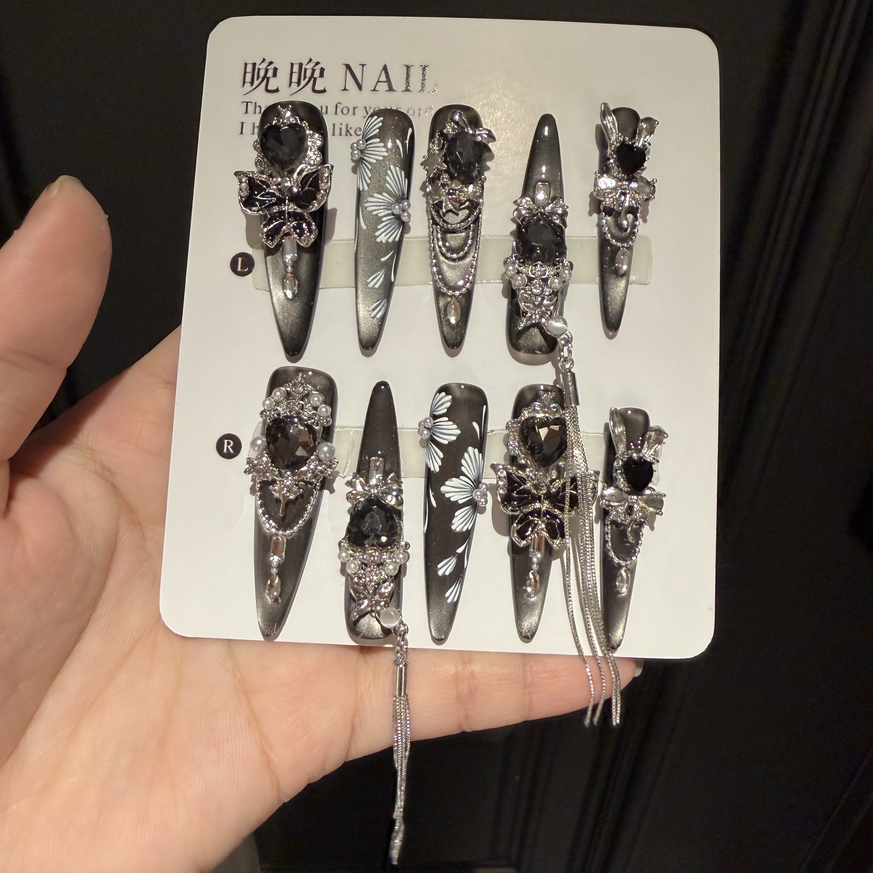 夜幕 纯手工穿戴甲猫眼手绘美甲长款欧美指甲重工暗黑穿戴哥特风
