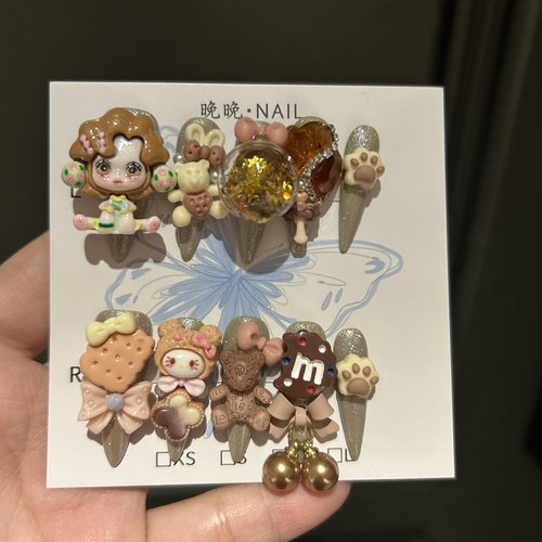奶油碎花手工穿戴甲可爱卡通小熊星星美甲贴片成品可拆卸假指甲