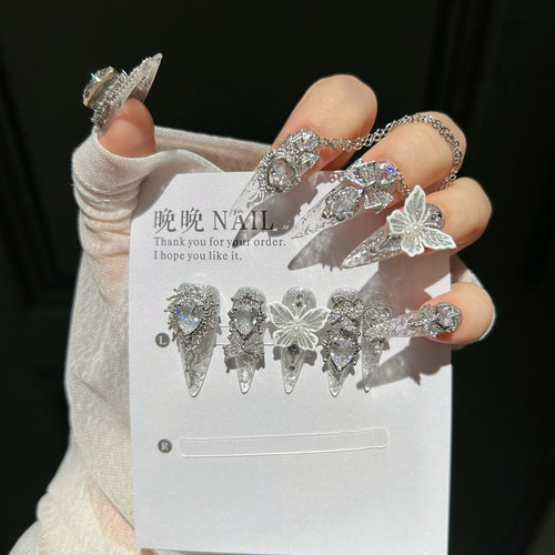 比翼双飞 纯手工穿戴甲全锆东洲钻新年碎冰冰琉璃甲小众超长款