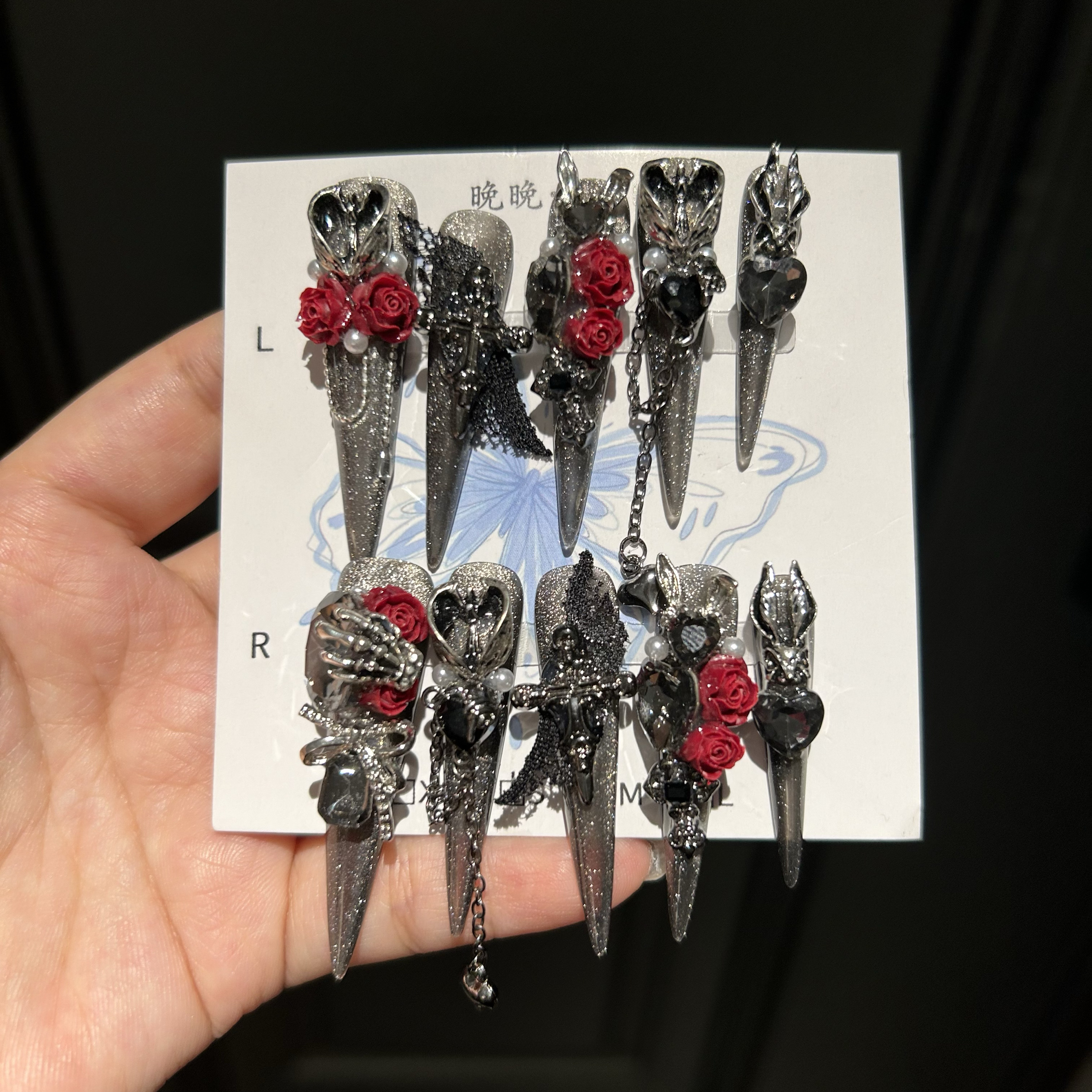 魔女5.0 重工款黑红玫瑰花2025新款猫眼纯手工穿戴甲美甲甲片长尖