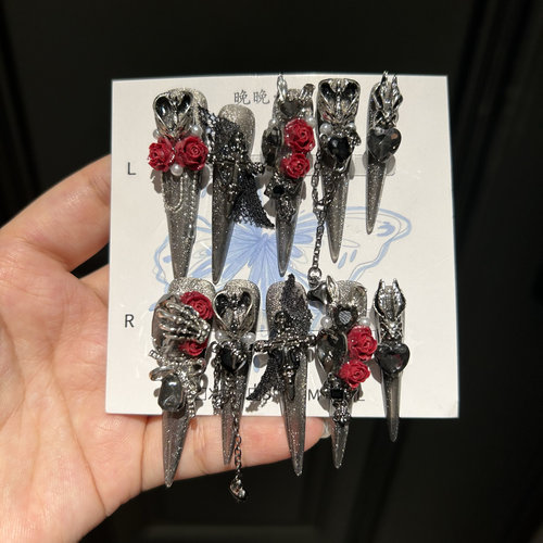 魔女5.0 重工款黑红玫瑰花2026新款猫眼纯手工穿戴甲美甲甲片长尖