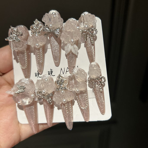 粉色小公主纯手工穿戴甲片美甲贴片指甲猫眼可拆卸美少女高级ins