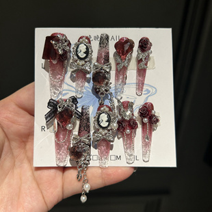 魔镜公主 纯手工穿戴甲蕾丝红底碎冰冰蝴蝶重工暗黑复古风琉璃甲