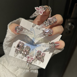 冰灵仙蝶 纯手工穿戴甲粉嫩碎冰冰琉璃甲手工美甲可拆卸假指甲