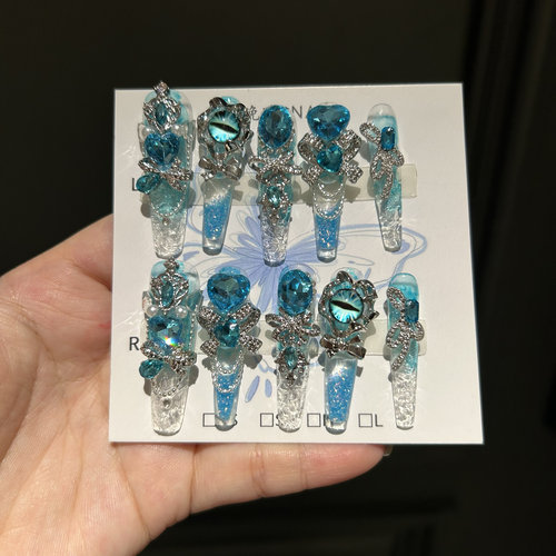 北海之眼 流麻纯手工穿戴甲蓝色流沙气质轻奢重工显白纯欲美甲