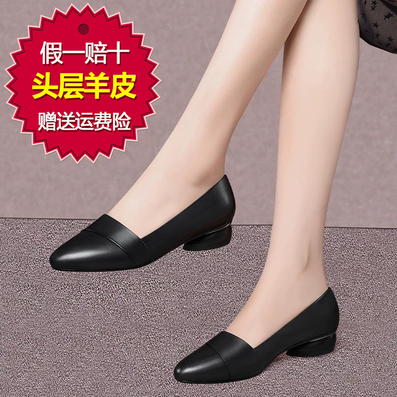 2025春秋新款真皮平底单鞋女低粗跟舒适尖头大码浅口软皮高端女鞋