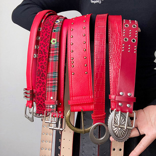 Y2K可爱花朵帆布腰带 韩系百搭时尚裤带千禧辣妹街头红色格子皮带