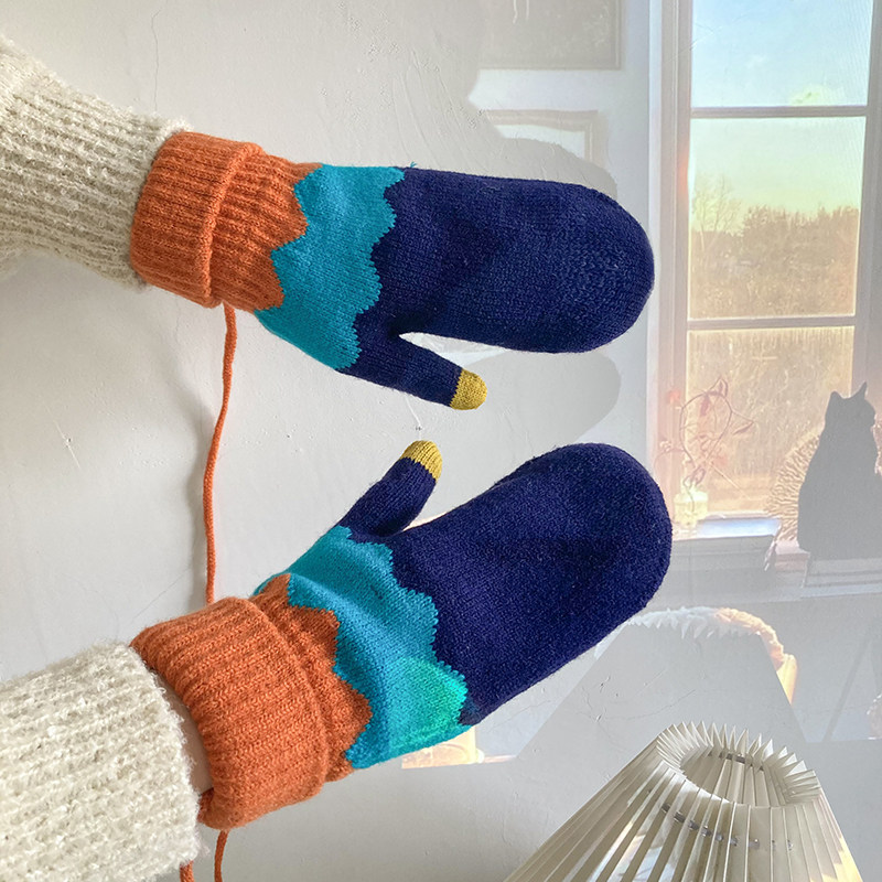 手套女冬季可爱ins风撞色条纹连指全包保暖毛线挂脖冬季加厚防寒
