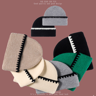 冬季新款撞色拼色条纹针织帽大头围女士户外保暖加厚毛线瓜皮帽子