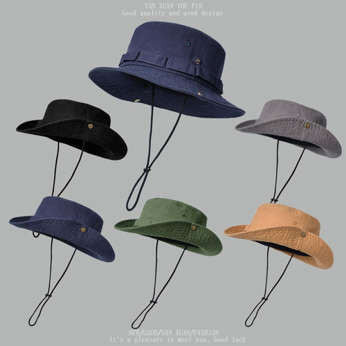 西部牛仔帽两用带防风绳渔夫帽
