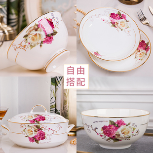 一家四口DIY散件自由搭家用金边ins网红碗具 景德镇骨瓷餐具套装