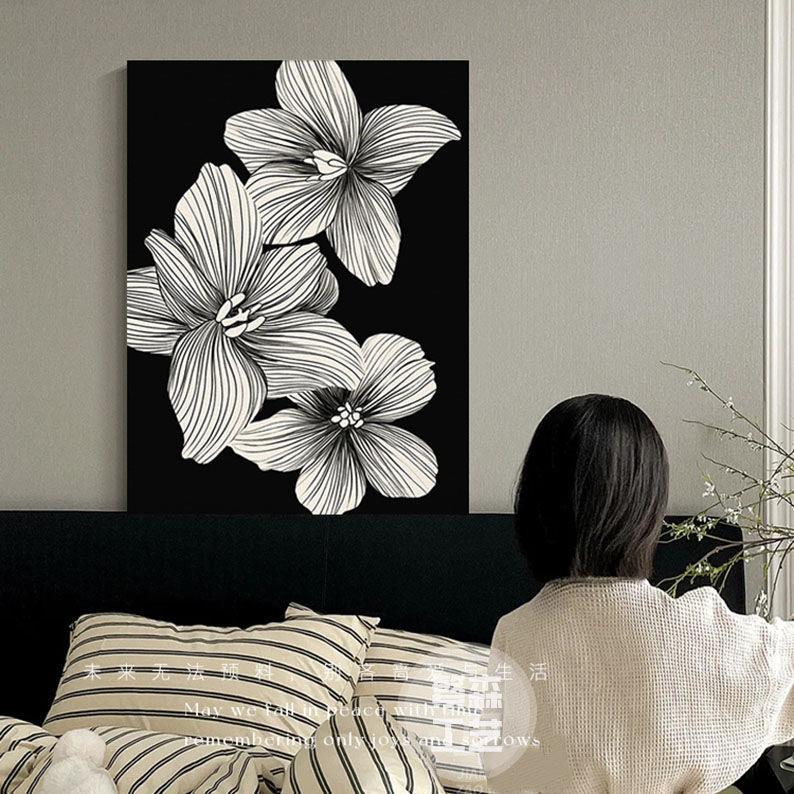 黑白极简客厅装饰画高级感个性沙发背景墙落地画抽象花卉卧室壁画图片
