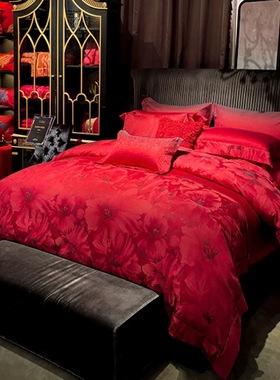 寐MINE2025款大红色婚庆套件100支埃及长绒棉提花四件套 情意浓