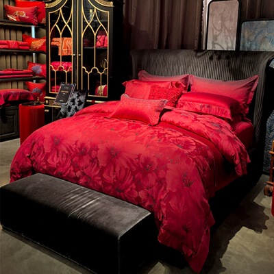 寐MINE2025款大红色婚庆套件100支埃及长绒棉提花四件套 情意浓