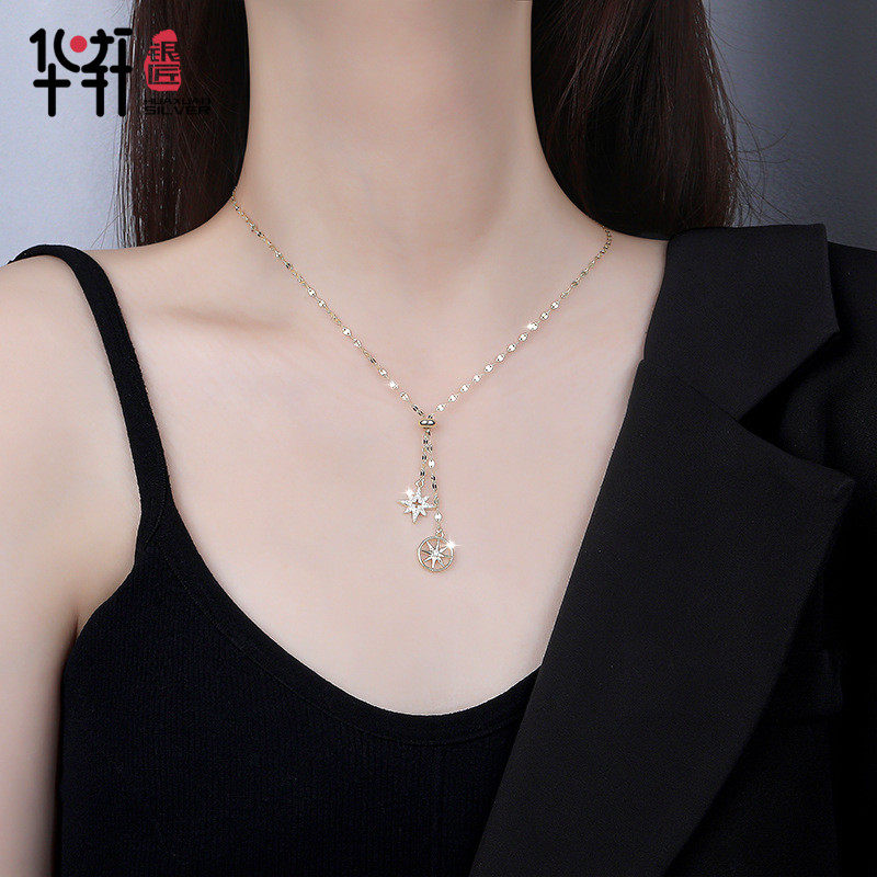 s925通体纯银项链女韩版日韩几何八芒星项饰长款星星秋冬款毛衣链