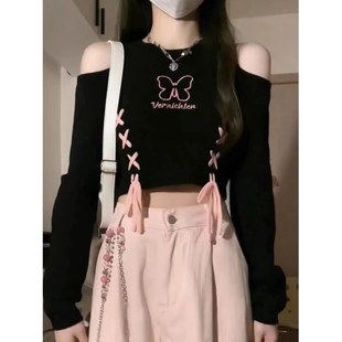 胖妹妹綁帶蝴蝶修身 甜辣露肩針織長袖 T恤女春秋新款 大碼 顯瘦上衣