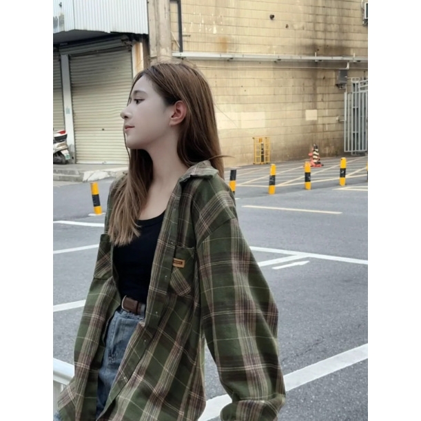 美式复古绿色长袖格子百搭舒适宽松衬衫女休闲衬衣2025秋新款外套