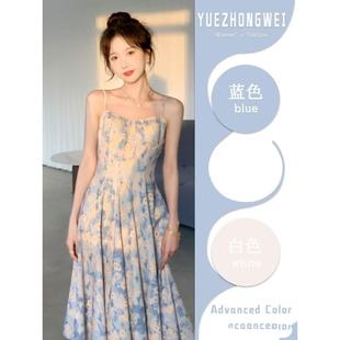 茶歇法式 三亚沙滩海边度假风长裙子 蓝色碎花吊带连衣裙女夏季 新款