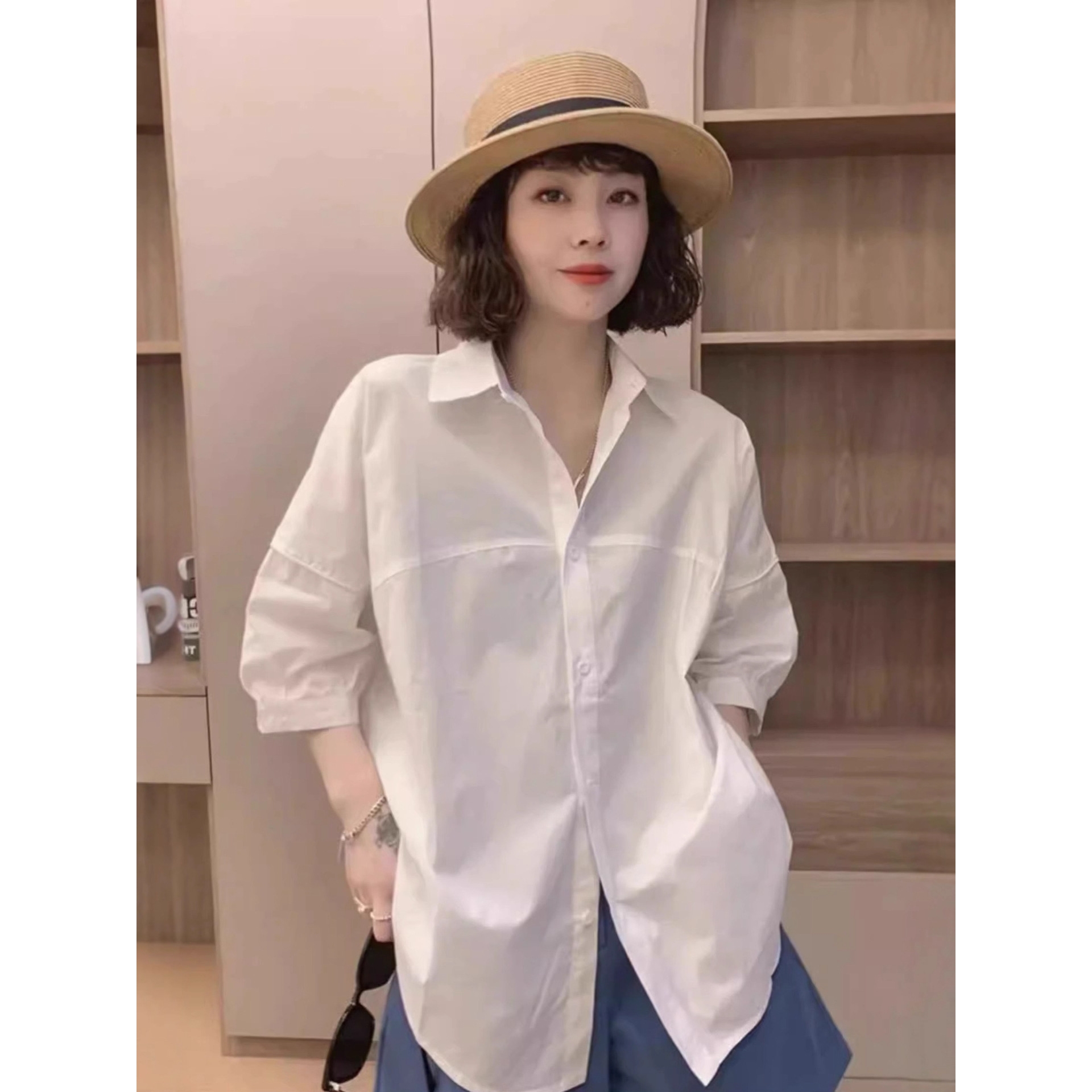 韩式少女风七分袖衬衫女夏季时尚宽松显瘦休闲上衣设计感衬衣外套