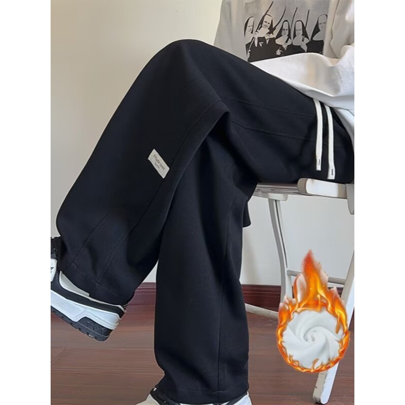 韩版街潮直筒裤2024情侣款秋冬季潮流百搭运动阔腿松弛加绒休闲裤