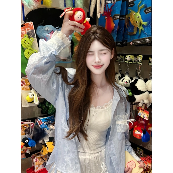 韩系设计感蕾丝拼接衬衫外套女夏季薄款宽松休闲防晒衬衣外搭上衣