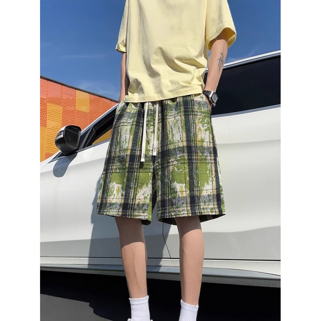 夏季格子扎染短裤男女同款新款潮牌复古小众时尚百搭休闲五分中裤