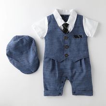 纯棉新生婴儿连体绅士短袖哈衣宝宝百天周岁假两件西装造型短爬服