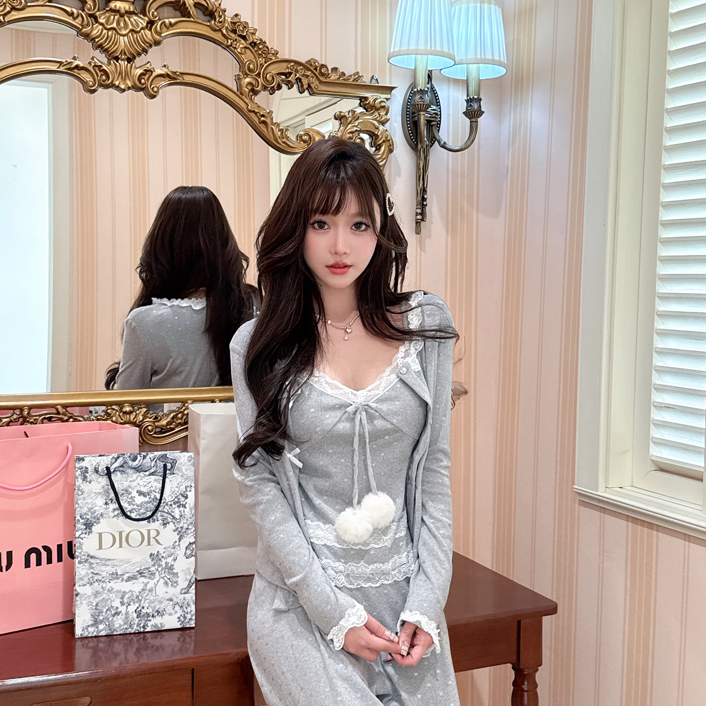 BK* 【银河少女】秋冬高定睡衣星光闪蕾丝长袖三件套带胸垫家居服