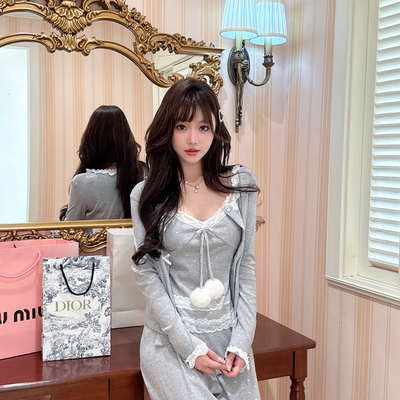 BK* 【银河少女】秋冬高定睡衣星光闪蕾丝长袖三件套带胸垫家居服