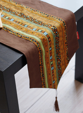 新中式民族风烫金条纹桌旗泰式床旗酒店客栈按摩店长条布艺床尾巾