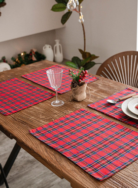 美式红色涤棉格子餐垫苏格兰餐具垫西餐巾氛围感装饰布艺隔热桌垫