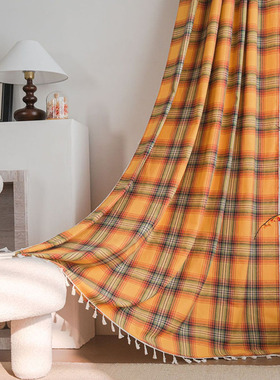 法式黄色格子布艺窗帘成品英伦复古小窗厨房半遮光挂帘飘窗布装饰