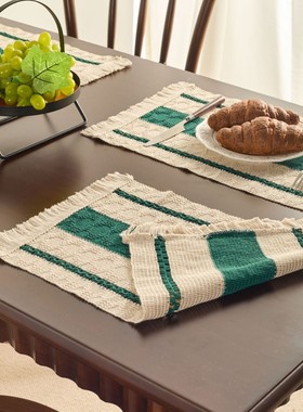 美式复古条纹编织流苏餐垫氛围感装饰西餐餐巾隔热桌垫拍照背景布