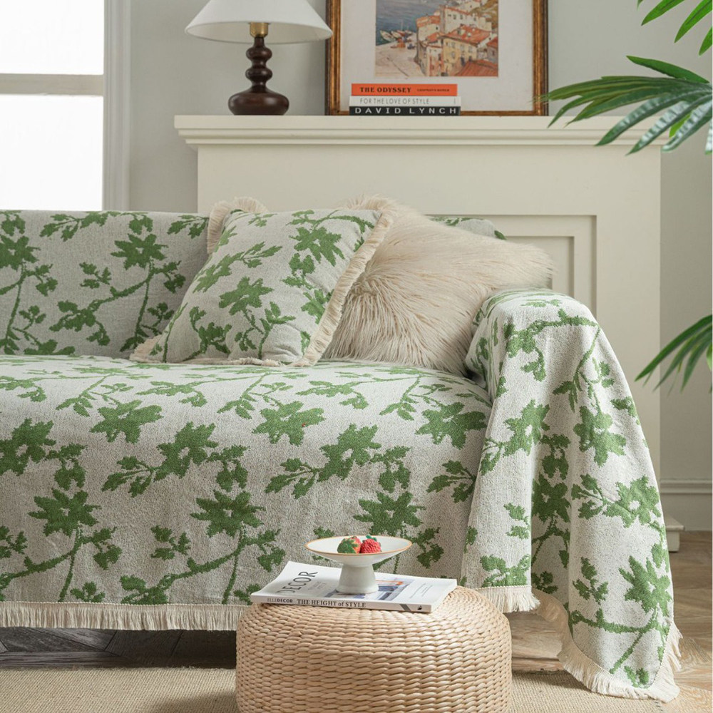 法式绿色花朵沙发巾田园风全盖防尘套罩加厚沙发毯四季通用防猫抓