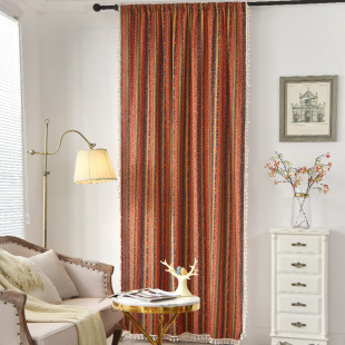 棉麻复古红色烫金条纹窗帘成品波西米亚民族风厨房小窗挂帘免打孔