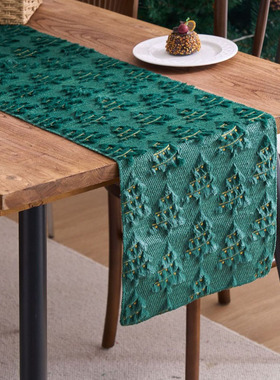 美式圣诞节复古绿色毛绒桌旗北欧时尚长条茶几电视柜盖布装饰床旗